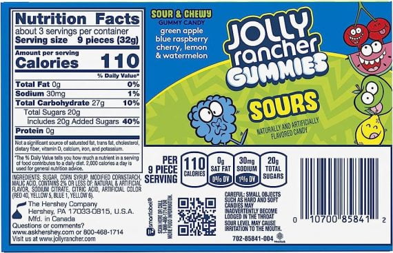 Jolly Rancher Gummies Sours 99g Back Cover Nutritional Information